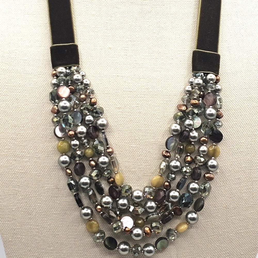 Chicos Multi Strand Velvet Ribbon Necklace Green Shmulti Bib Beaded 28" MSRP $79